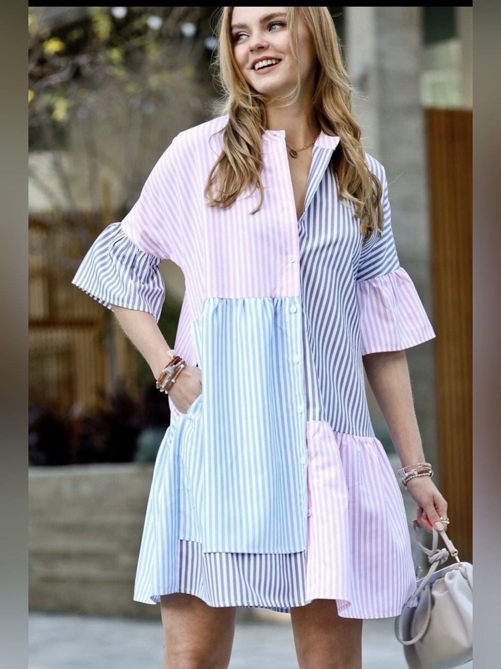Mazik Striped Patchwork Short Sleeve Mini Dress in Pink Mix Button Down Medium